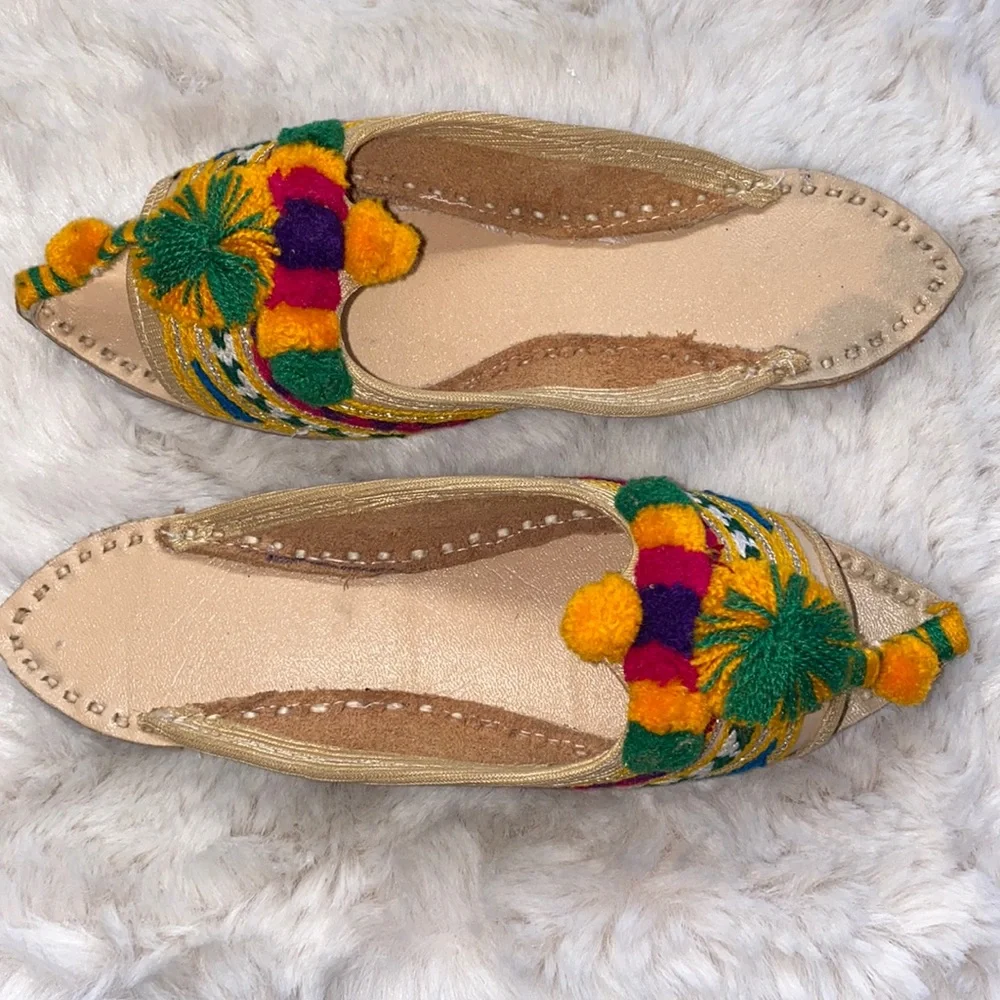 Pom Pom Embroidered Leather Indian Sandals